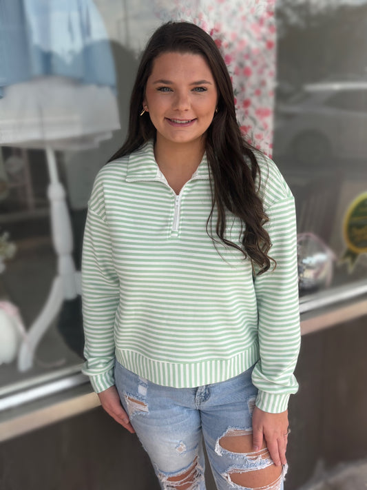 Green Stripe Quarter Zip Collar Pullover Long Sleeve Top