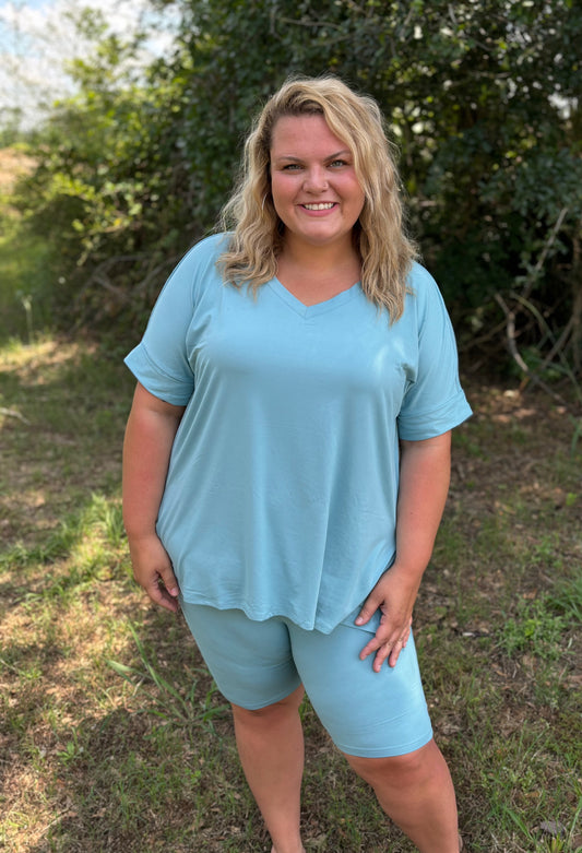 Curvy Dusty Teal Biker Set