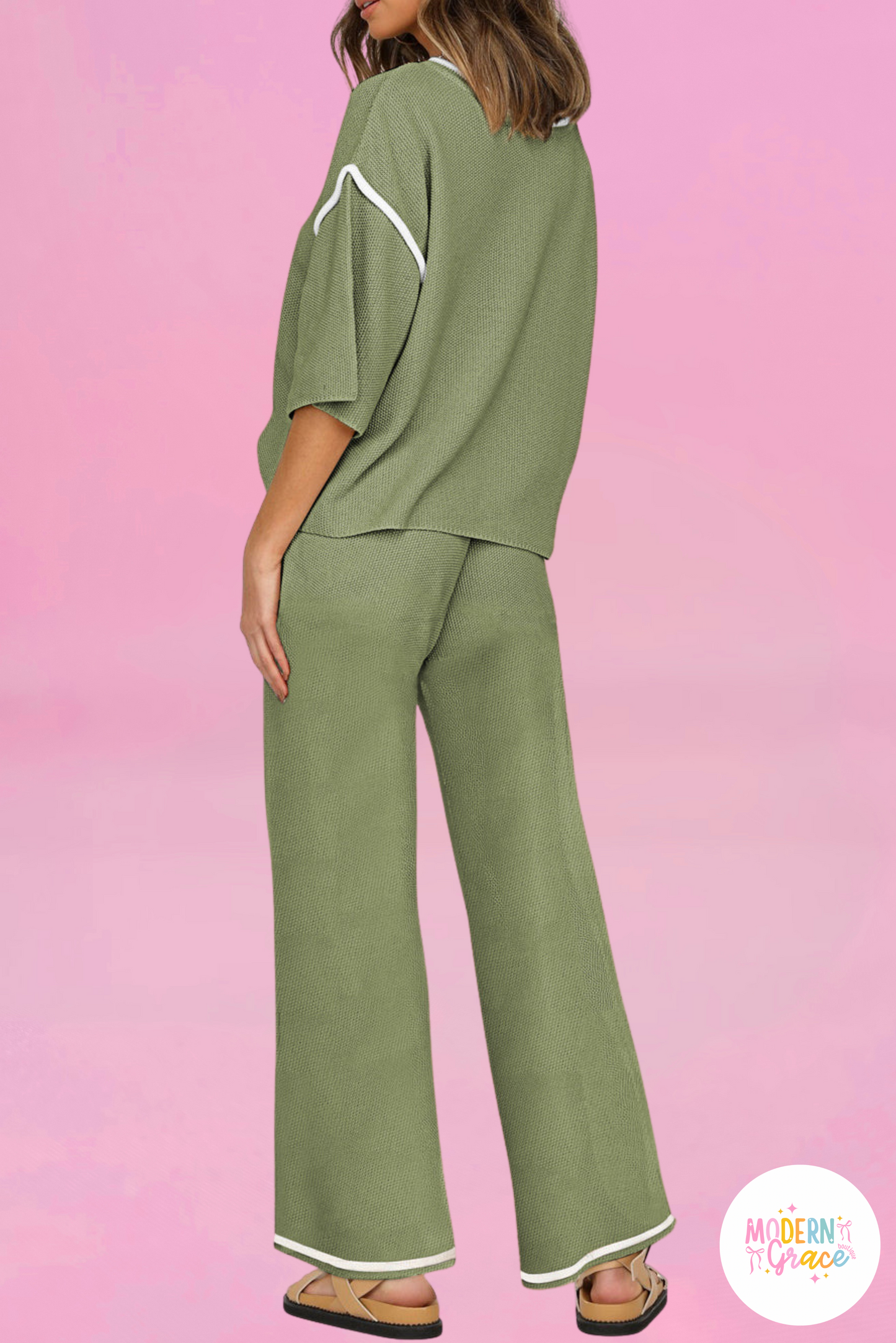 Green Trim Half Sleeve Top Drawstring Pants Loose 2pcs Sweater Suit (Online Only- Warehouse Exclusive)