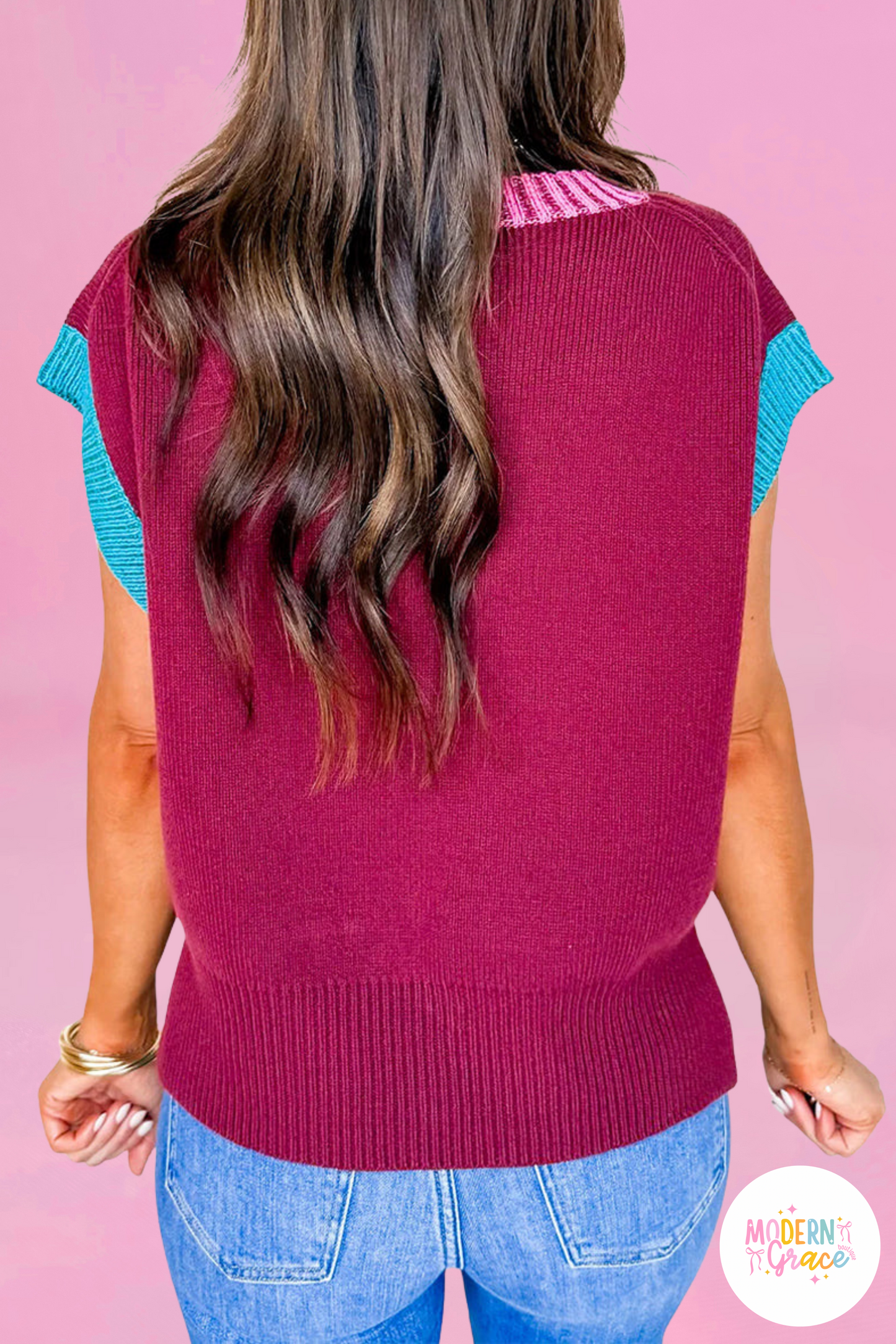 Burgundy Contrast Trim V Neck Short Sleeve Sweater (Warehouse Exclusives - Online only!)