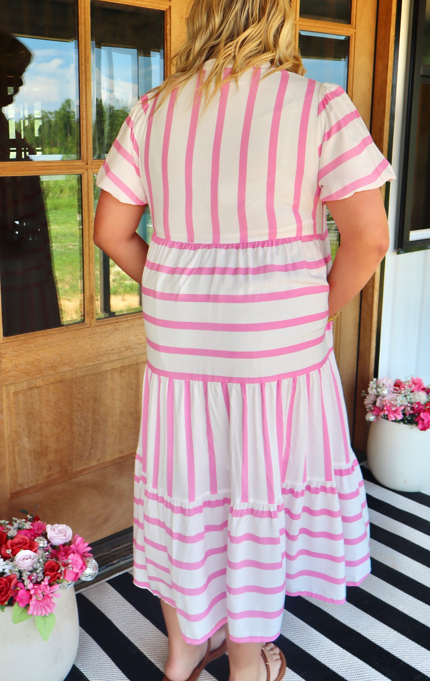 Pink Stripe Plus Size V Neck Short Puff Sleeve Tiered Maxi Dress