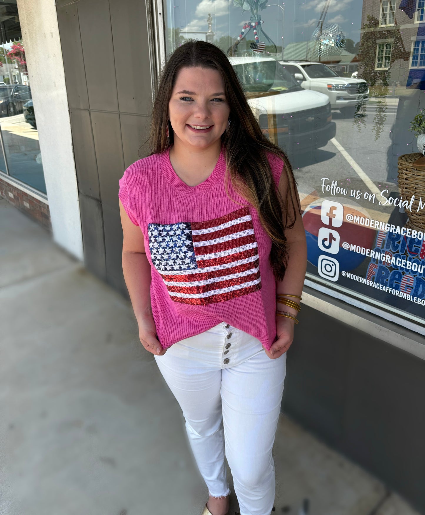 Pink Sparkling American Flag Knitted Vest Top