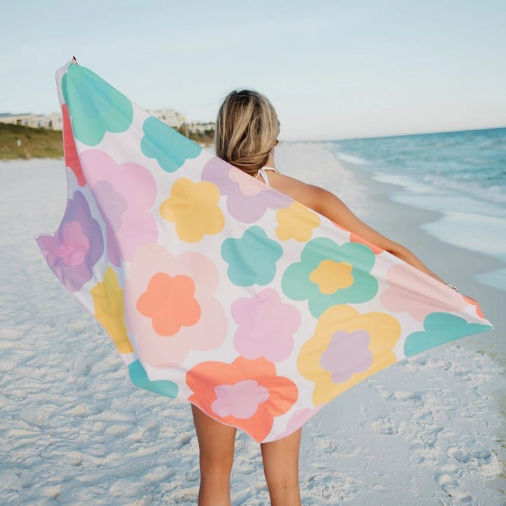 Modern Grace Groovy Flower reversible microfiber beach towel with vibrant floral pattern, laid flat showing bright, colorful design.