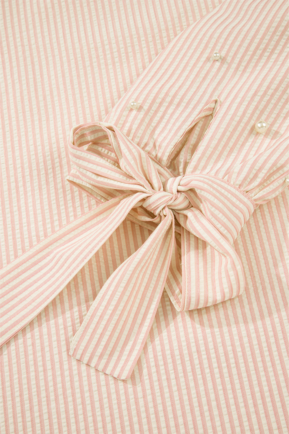 Stripe Bow Knot Cuff Pearl Embellished Puff Sleeve V Neck Blouse (Warehouse Exclusives - Online only!)
