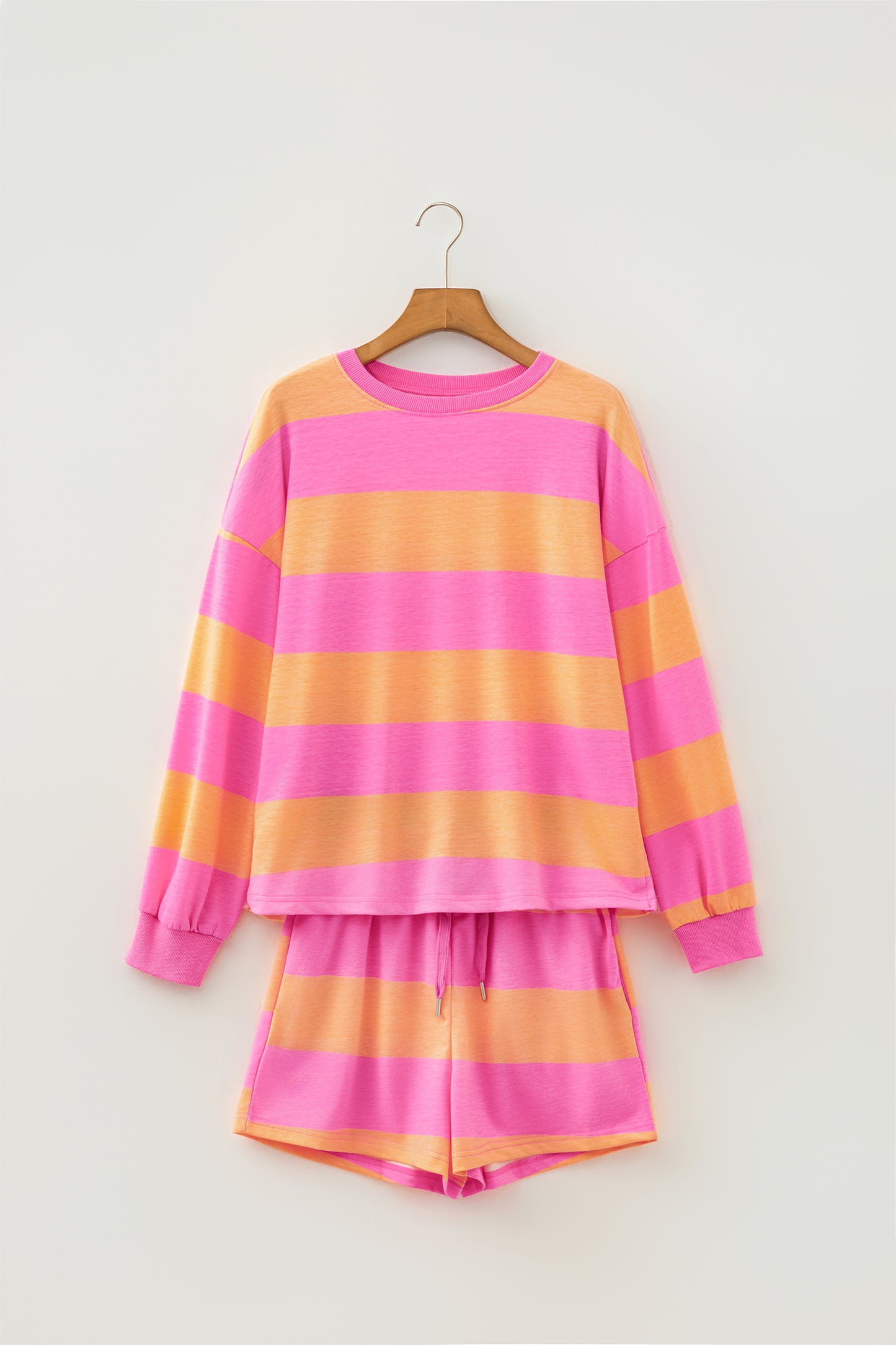 Pink Stripe Long Sleeve Casual 2 Piece Shorts Set