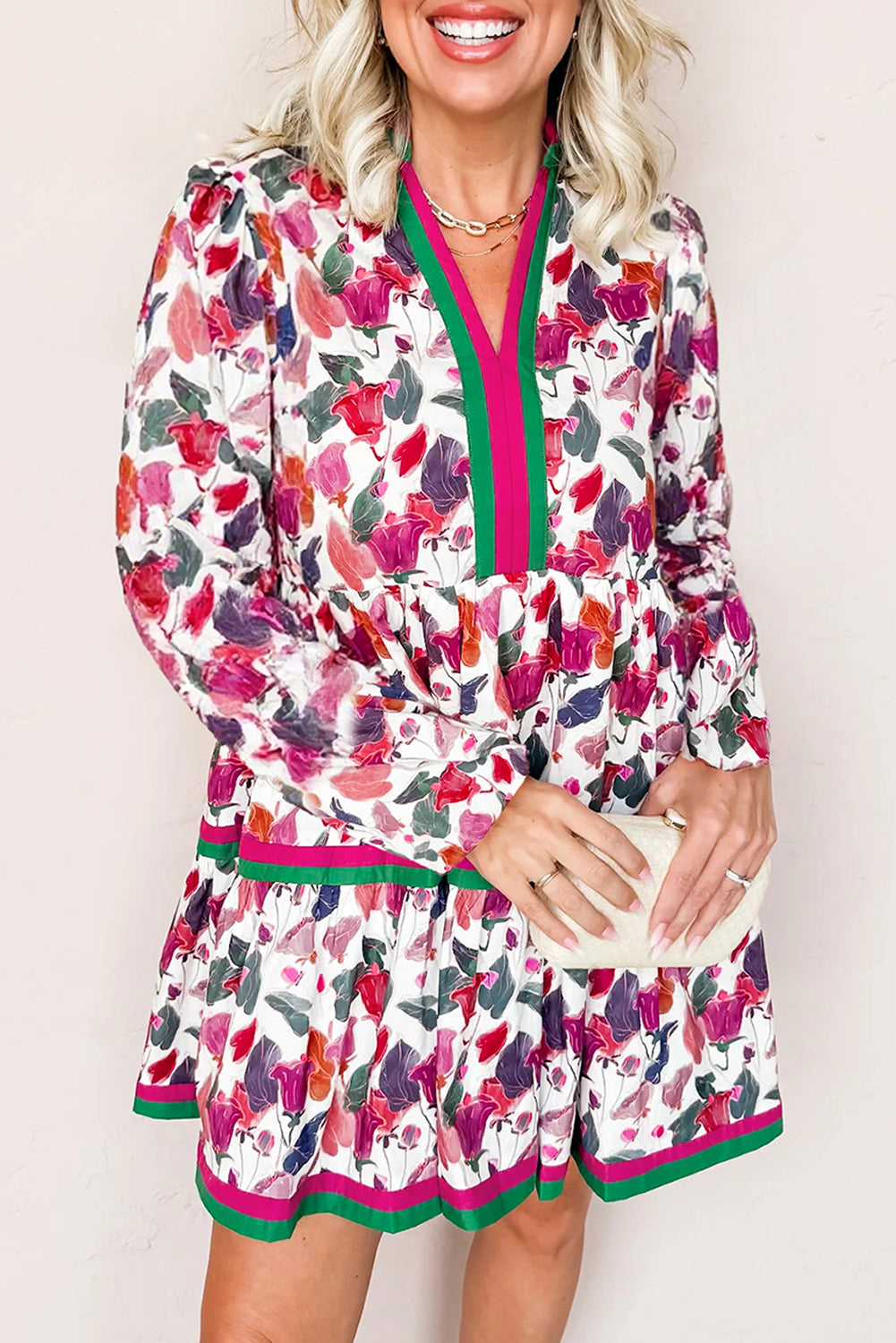 Purple Floral Print Contrast Striped Detail Long Sleeve Mini Dress (Warehouse Exclusives - Online only!)