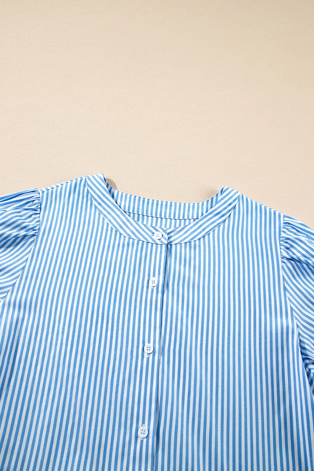 Sky blue stripe bubble short sleeve tiered scallop long dress by Modern Grace showing the flowing, layered design with scalloped hem and stripes.