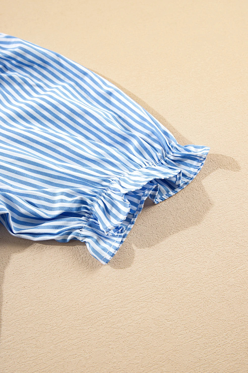 Sky blue stripe bubble short sleeve tiered scallop long dress by Modern Grace, featuring a flowy design with scalloped details.