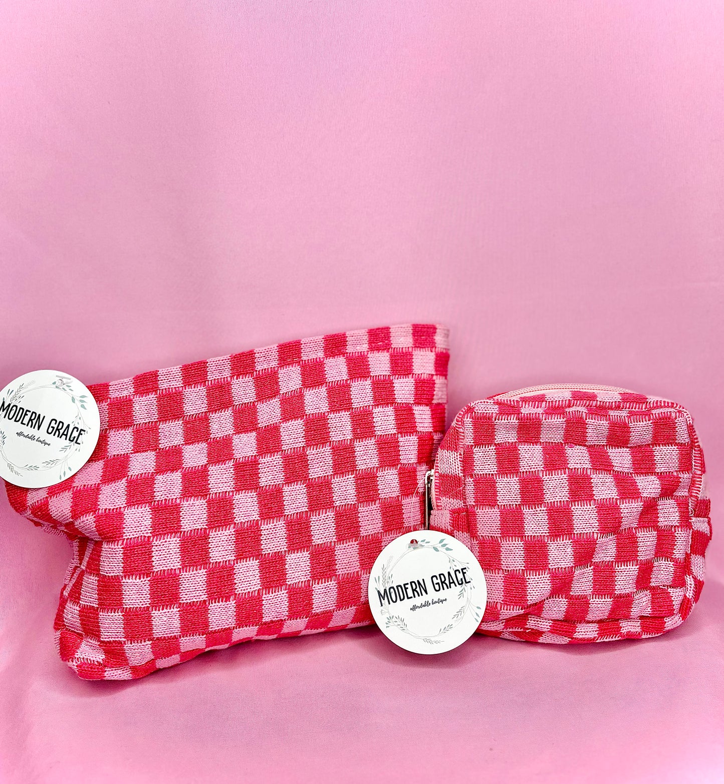Pink Checkered Cosmetic Makeup Pouch Clutch Bag