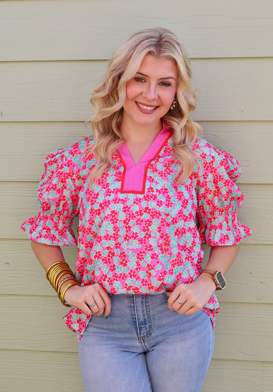 Modern Grace rose floral collared V-neck blouse with short puff sleeves and a feminine design.