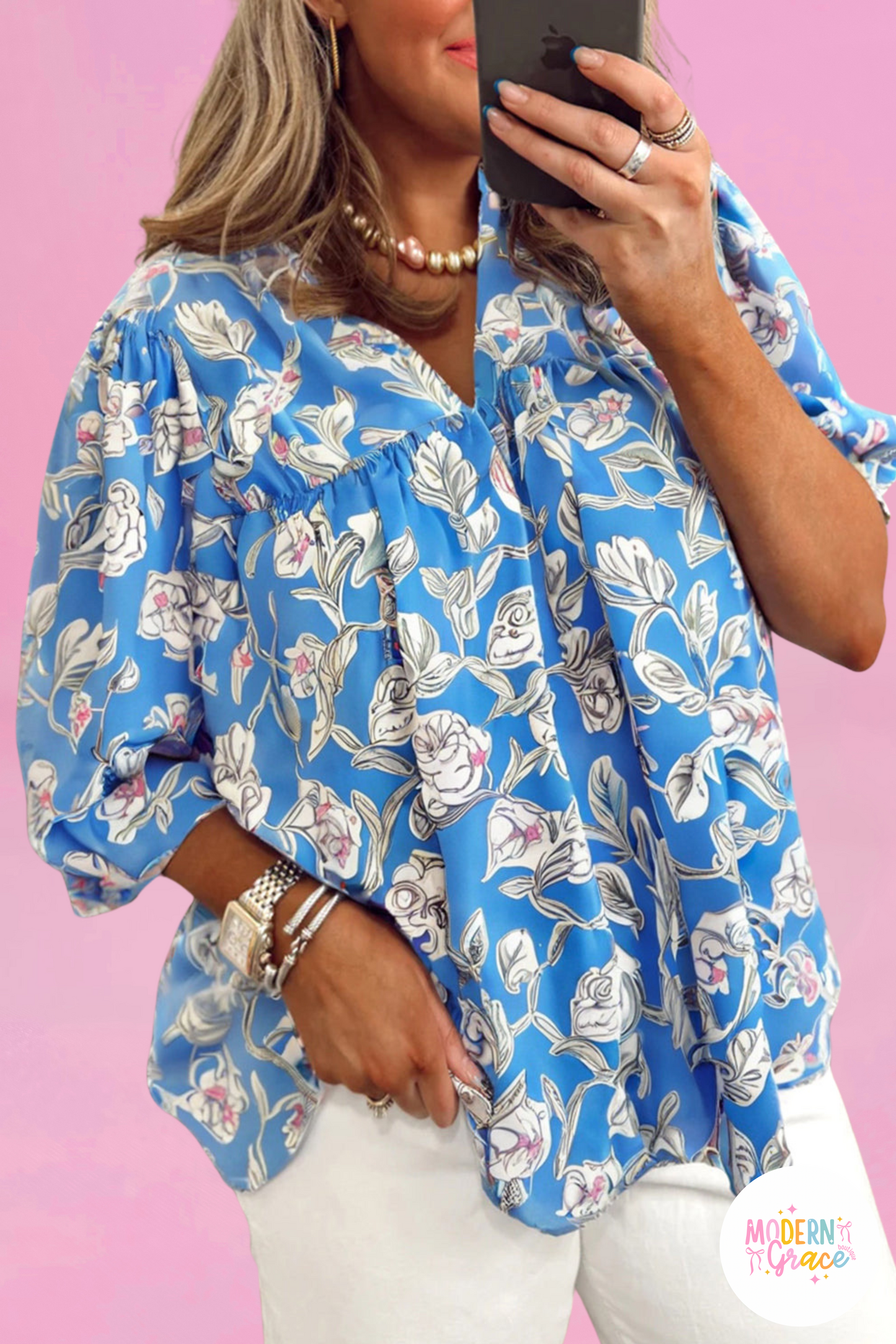 Sky Blue V Neck Floral Print 3/4 Puff Sleeve Blouse (Warehouse Exclusives)
