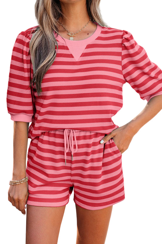 Modern Grace red stripe waffle knit puff sleeve top and shorts set, two-piece casual outfit with ruffle details and comfortable fit.