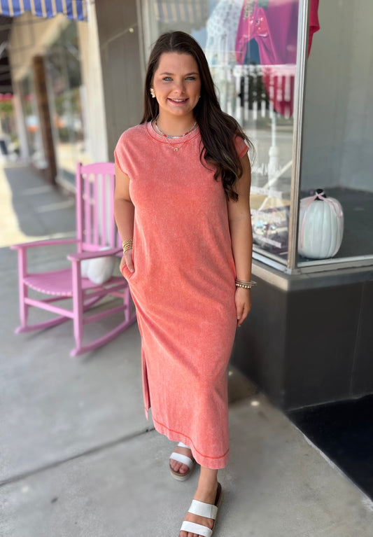 Carrot Mineral Wash Pocketed T-shirt Long Dress