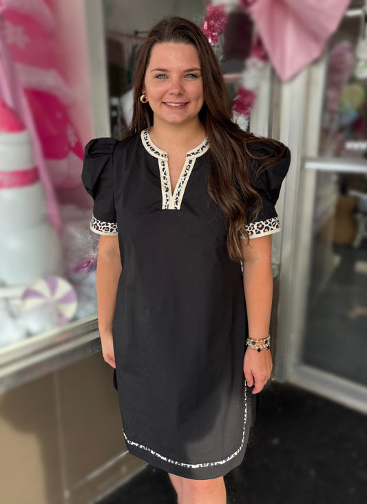 Black Leopard Trim Short Puff Sleeve Dress