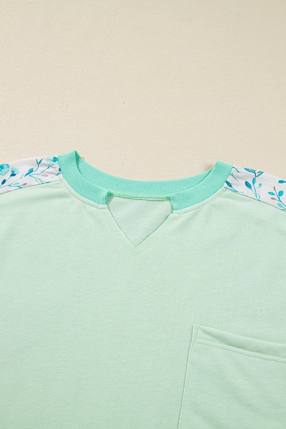 Green Color Block Floral Patchwork Long Sleeve Notched Neck Plus Size Top (Warehouse Exclusives)
