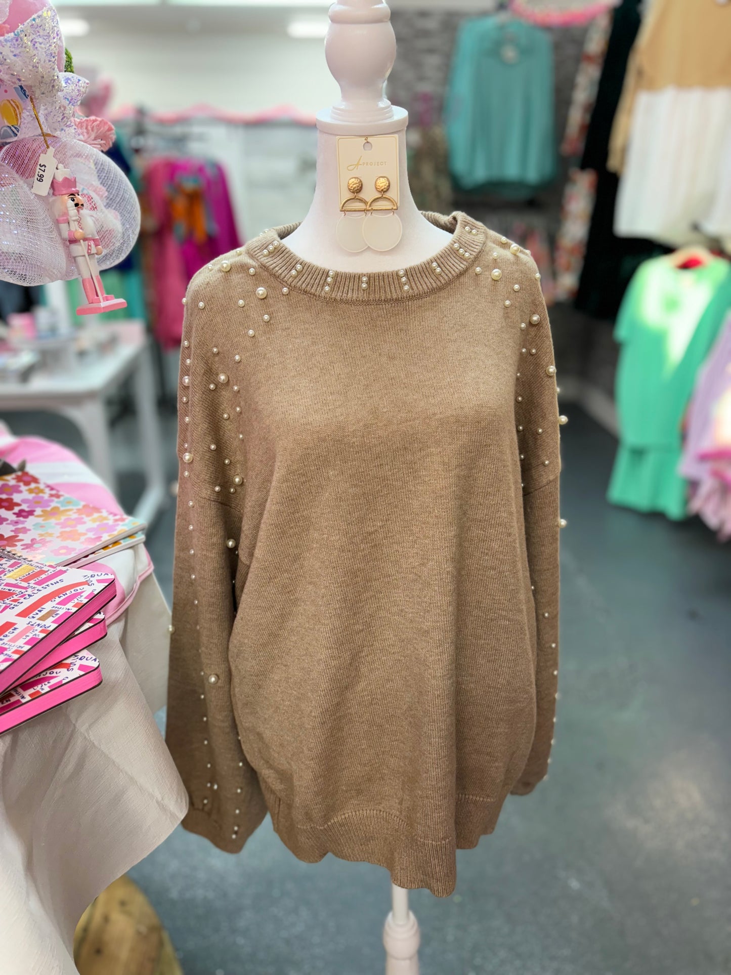 Curvy Oatmeal Pearled Sweater