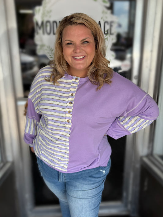 Curvy Purple Stripe Patchwork Buttoned Drop Shoulder Pullover