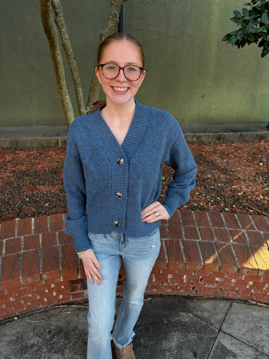 Dusty Blue Button Down Cropped Sweater