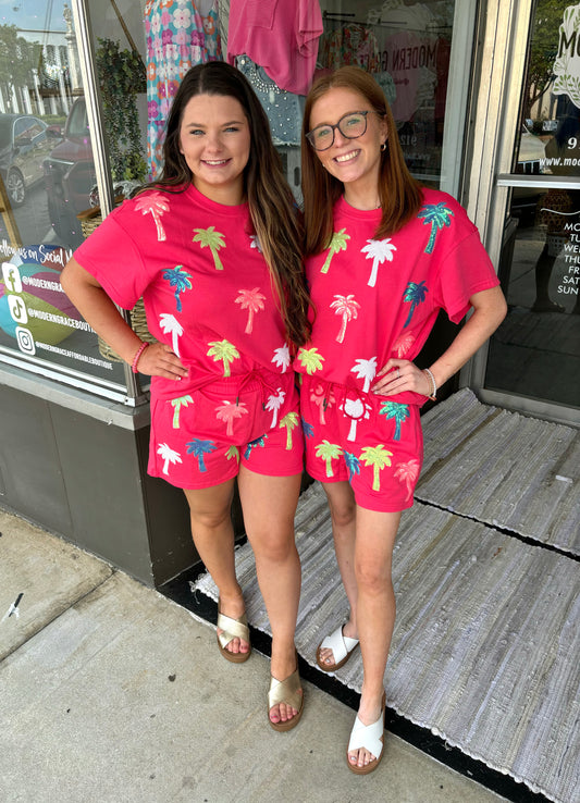 Strawberry Pink Two Piece Sequin Palm Trees Summer Short Set