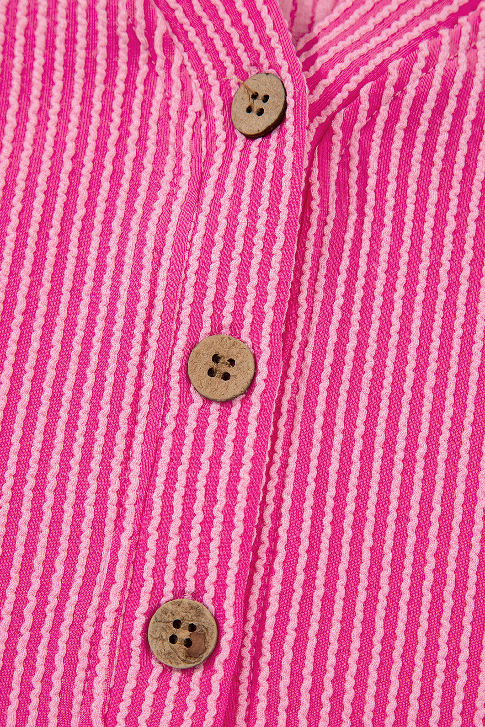 Bright Pink Spiral Ribbed Short Sleeve V Neck Buttoned Romper with Pocket (Warehouse Exclusives)