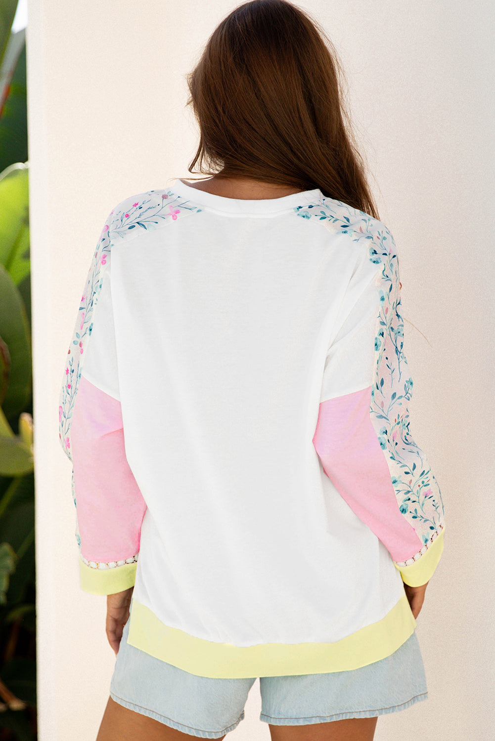 White Floral Colorblock Patchwork Chest Pocket Notched Neck Long Sleeve Top (Warehouse Exclusive)