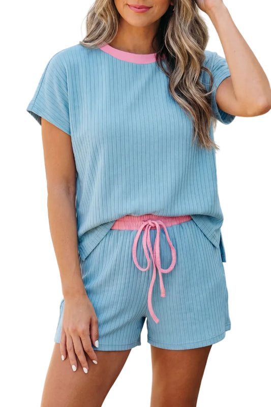Mist Blue Soft Ribbed Color Block Short Set by Modern Grace, two-piece casual summer outfit with ribbed fabric and color block design.