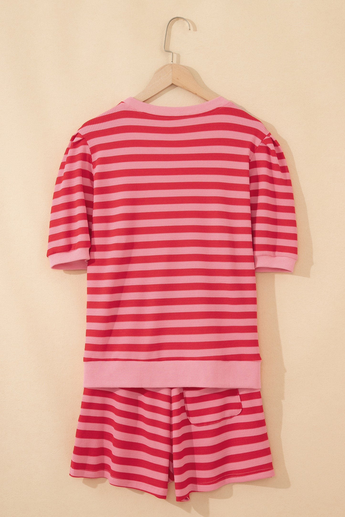Modern Grace red stripe waffle knit puff sleeve top and shorts set, two-piece casual outfit for women.