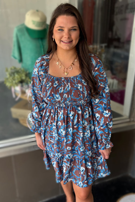 Blue Smocked Bodice High Waist Ruffled Sleeve Floral Dress