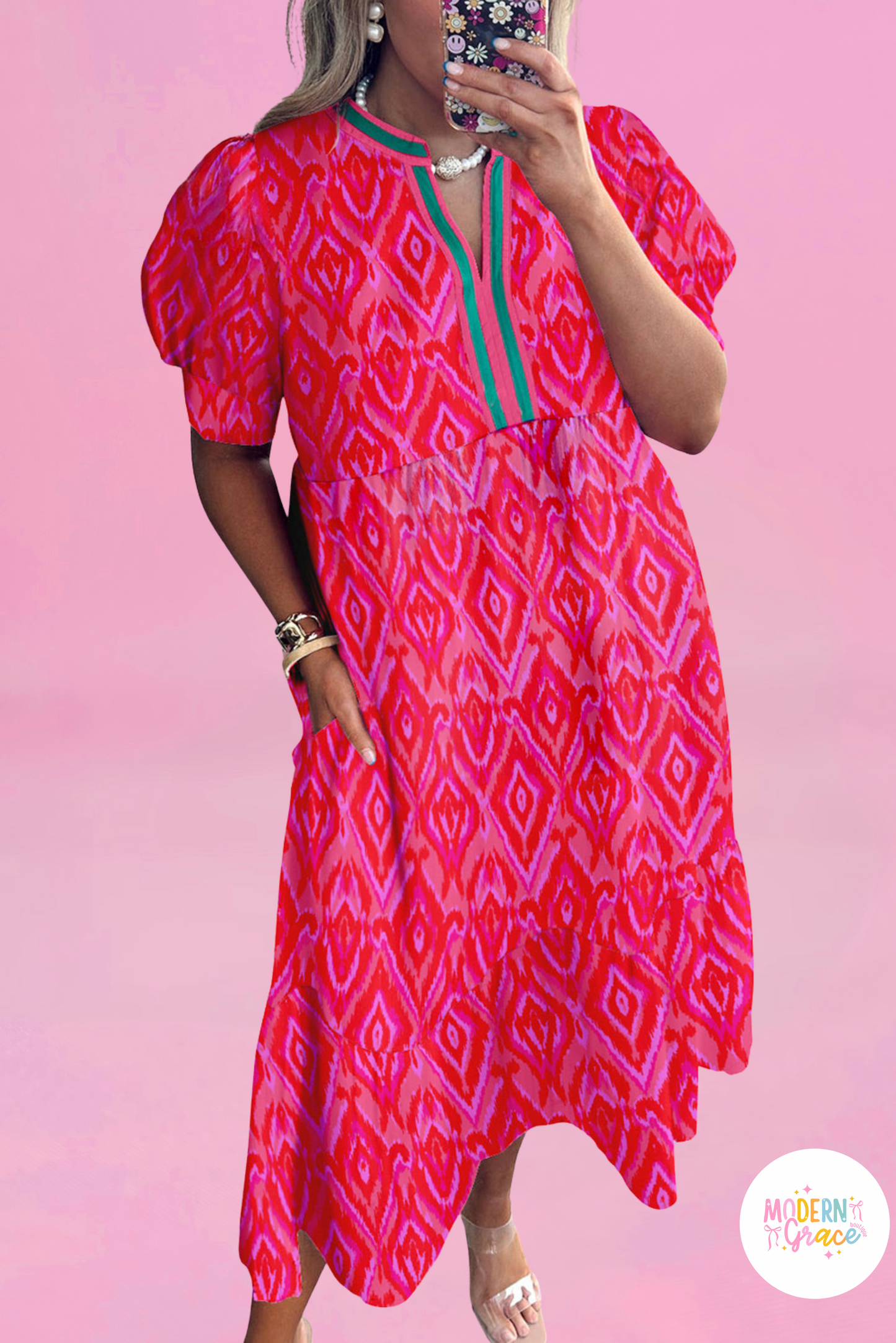 Watermelon Split Neckline Short Puff Sleeve Curvy Dress  (Warehouse Exclusive)