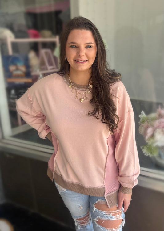 Light Pink Color Block Mix Texture Waffle Patchwork Oversize Sweatshirt