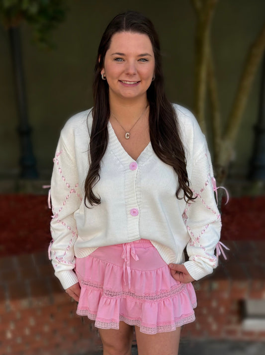 White and Pink Hand Sewn Satin Ribbon Detail On Sleeve Cardigan
