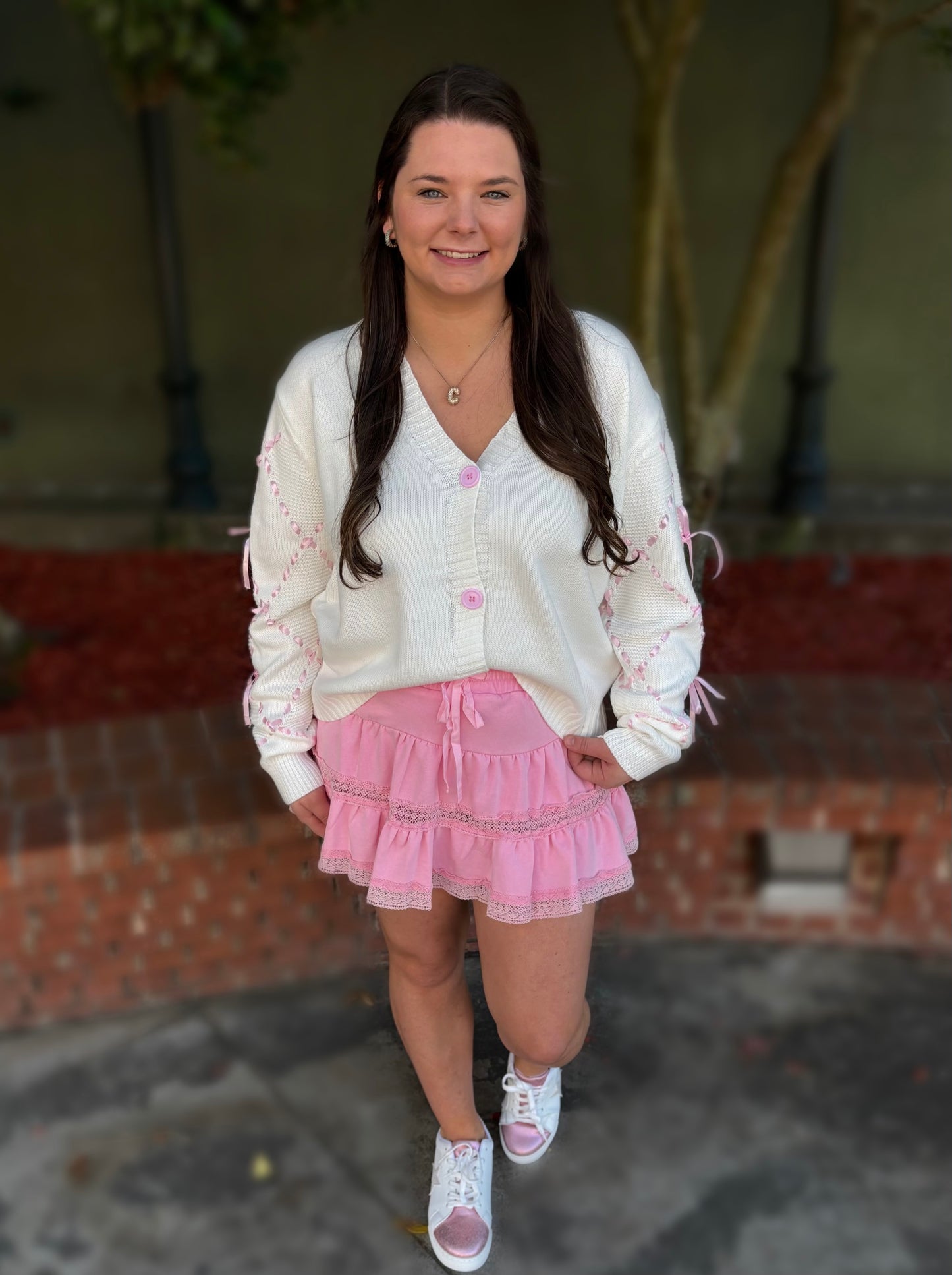 White and Pink Hand Sewn Satin Ribbon Detail On Sleeve Cardigan