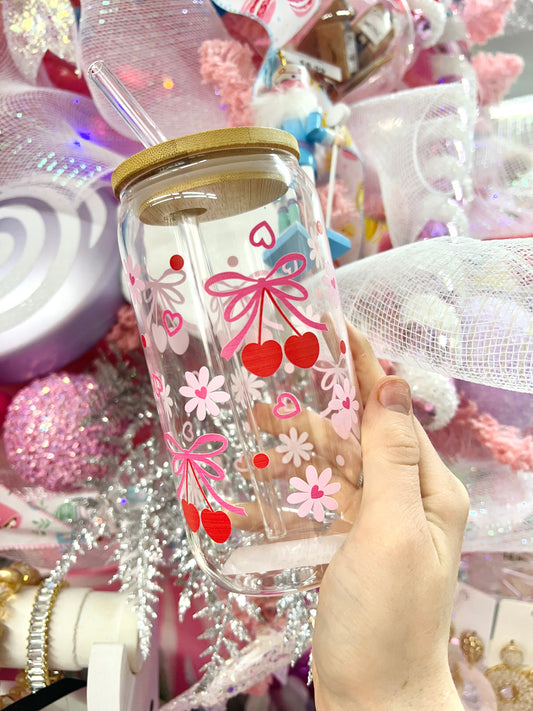 Cherry Bow Glass Cup with Straw