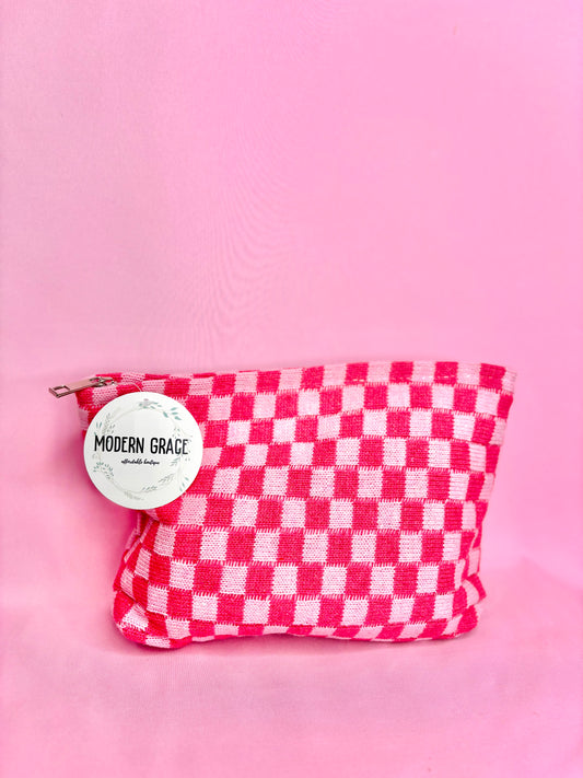 Pink Checkered Cosmetic Makeup Pouch Clutch Bag