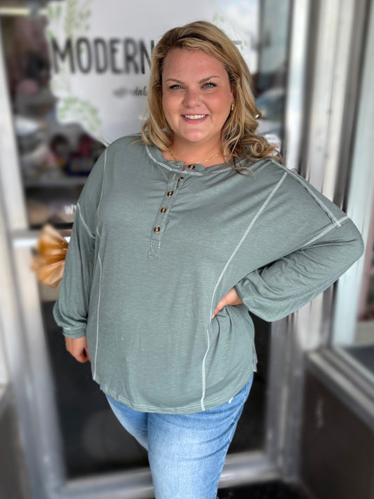 Curvy Seagrass Exposed Seam Drop Shoulder Henley Top