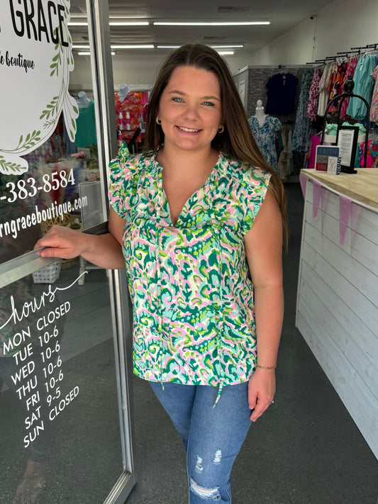 Green Abstract Split Neck Top