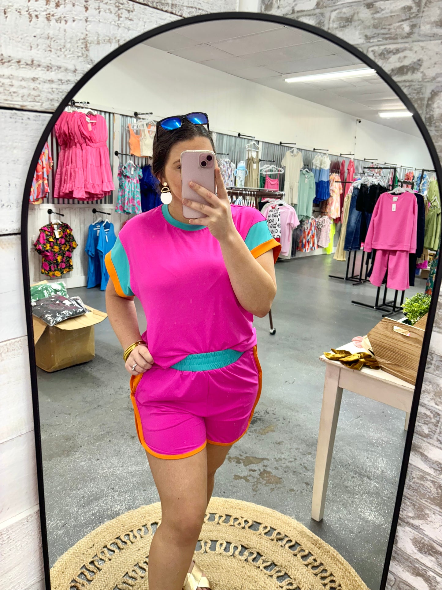 HOT PINK COLOR BLOCK CAP SLEEVE SHORT SET