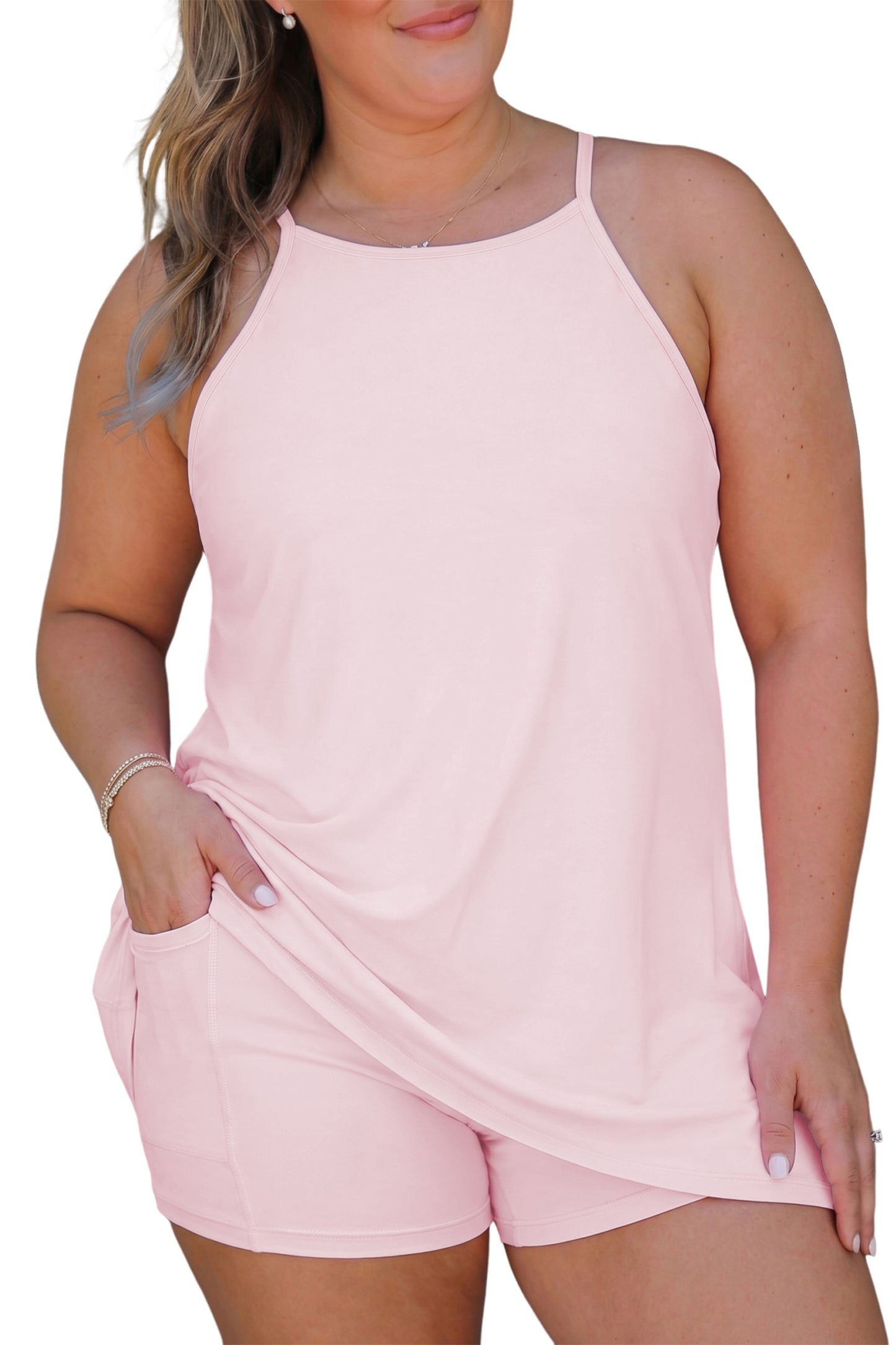 Pink Plus Size Active Dress Set with Built-in Bra, Sleeveless Dress with Shorts Underneath Two Piece Set