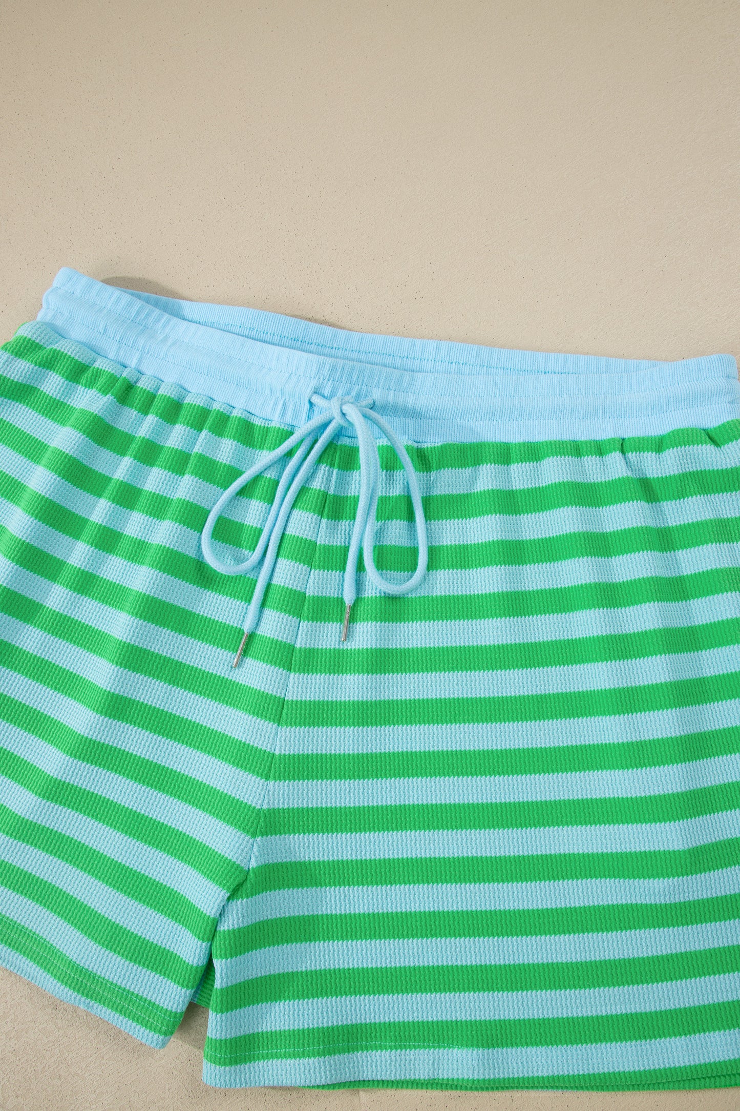 Green Stripe Plus Size Puff Sleeve Top & Drawstring Shorts 2pc Set