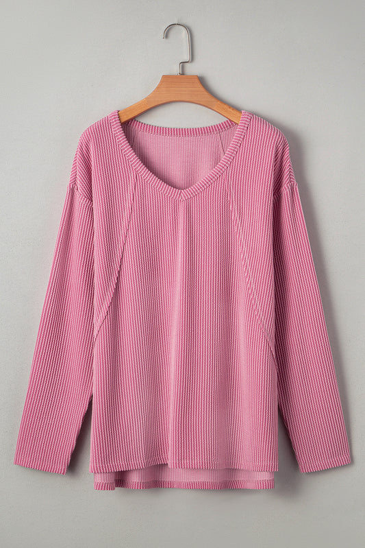 CURVY Pink Rib Texture Exposed Seam Loose Long Sleeve Top (Warehouse Exclusives - Online only!)