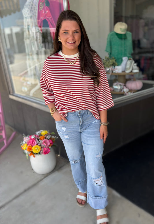 Red Stripe Bowknot Cutout Back Drop Shoulder Wide Bracelet Sleeve Loose Tee