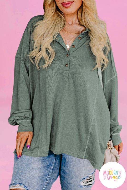 CURVY Seagrass Exposed Seam Drop Shoulder Henley Top (Warehouse Exclusive)