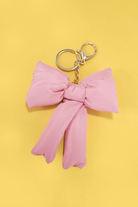 Modern Grace Puffy Bow Ribbon Bag Charm Keychain with soft pink bow and ribbon details, accessory for bags and keys.