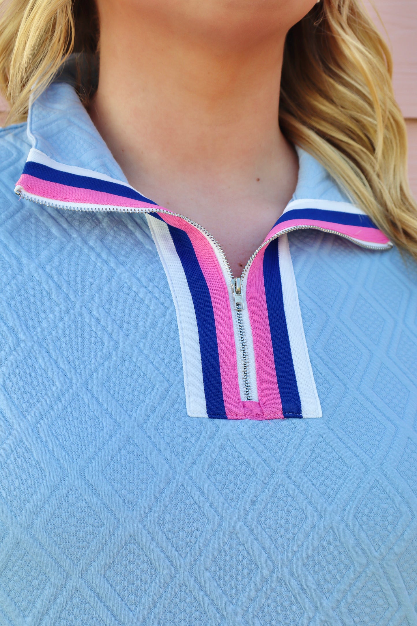 Modern Grace curvy blue striped T-shirt dress with contrast trim, textured puff sleeves, zip-up stand collar, and stylish design.