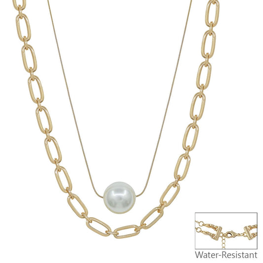 Water-resistant layered necklace with 20mm pearl beads and gold chain, adjustable 16-18 inches, by What's Hot jewelry.
