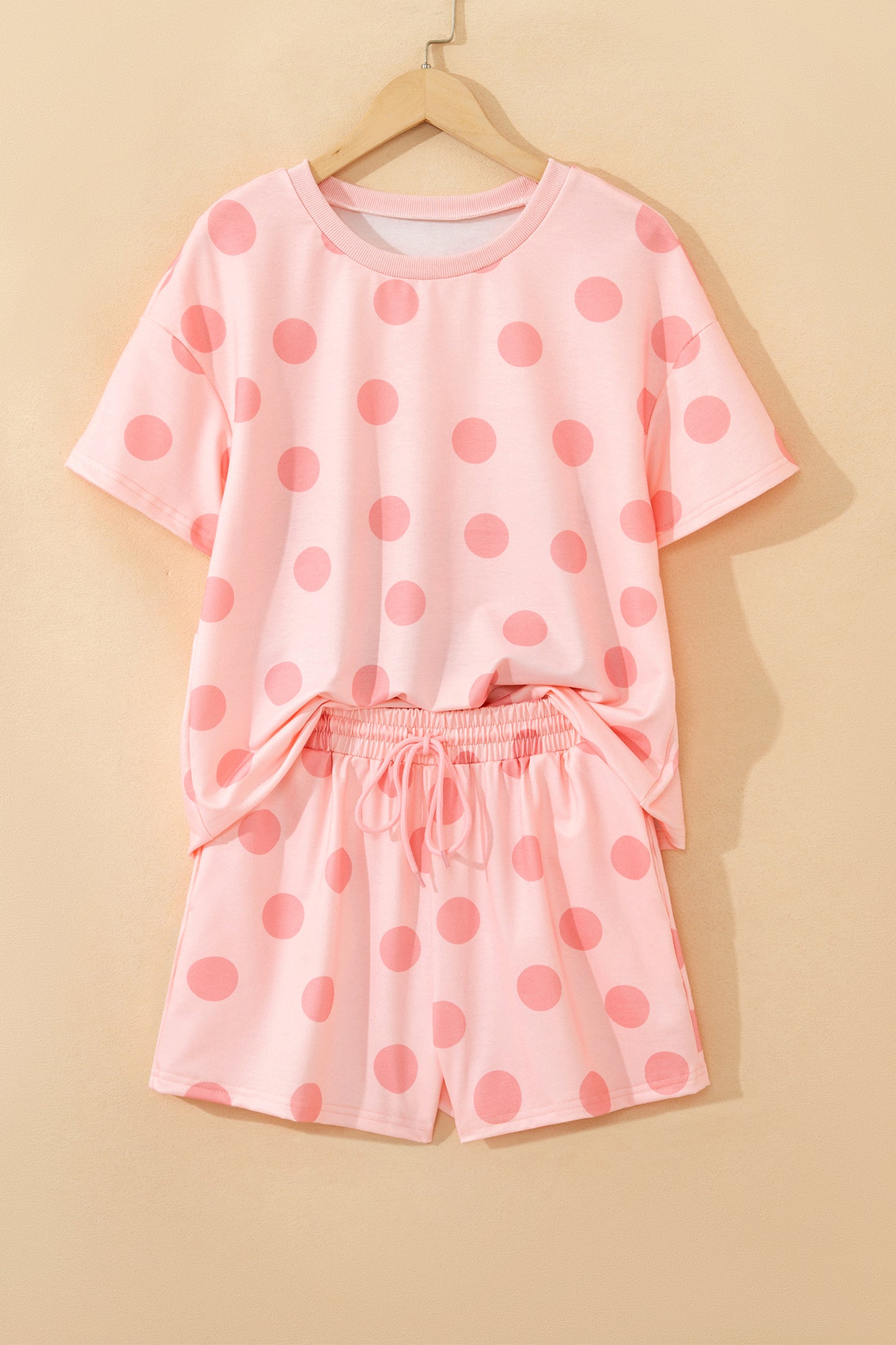 Polka Dot Print Loose Tee Drawstring Elastic Waist 2 Piece Short Set