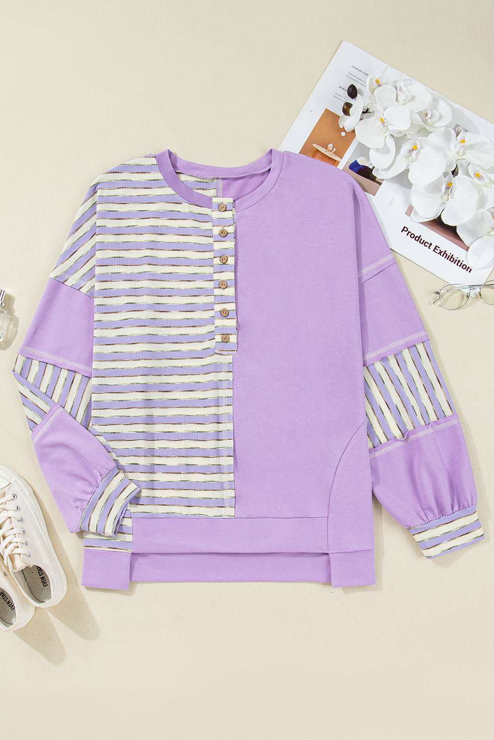 Purple Stripe Patchwork Buttoned Drop Shoulder Plus Size Pullover (Warehouse Exclusives - Online only)