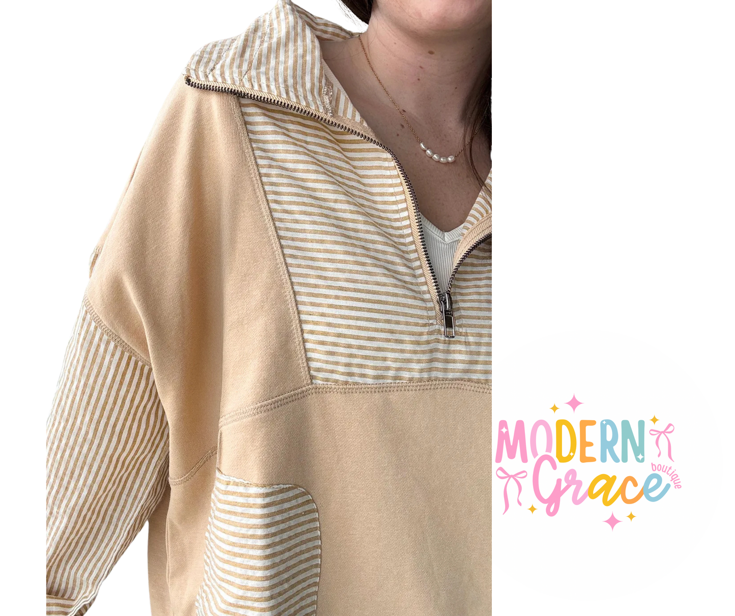 Khaki Quarter Zip Striped Patchwork Long Sleeve Top