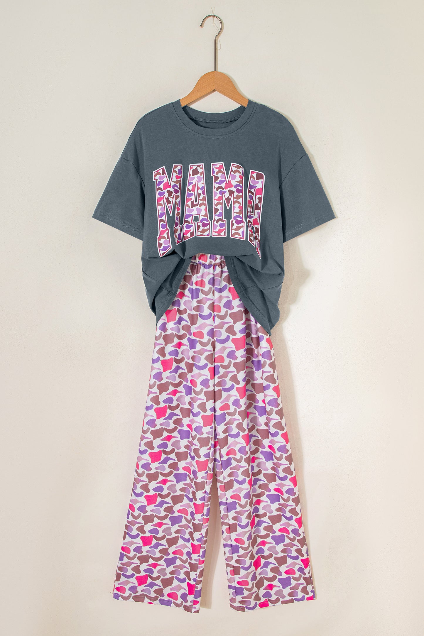 Modern Grace medium grey MAMA letter graphic tee with camouflage print, loose pant set, two-piece casual outfit.