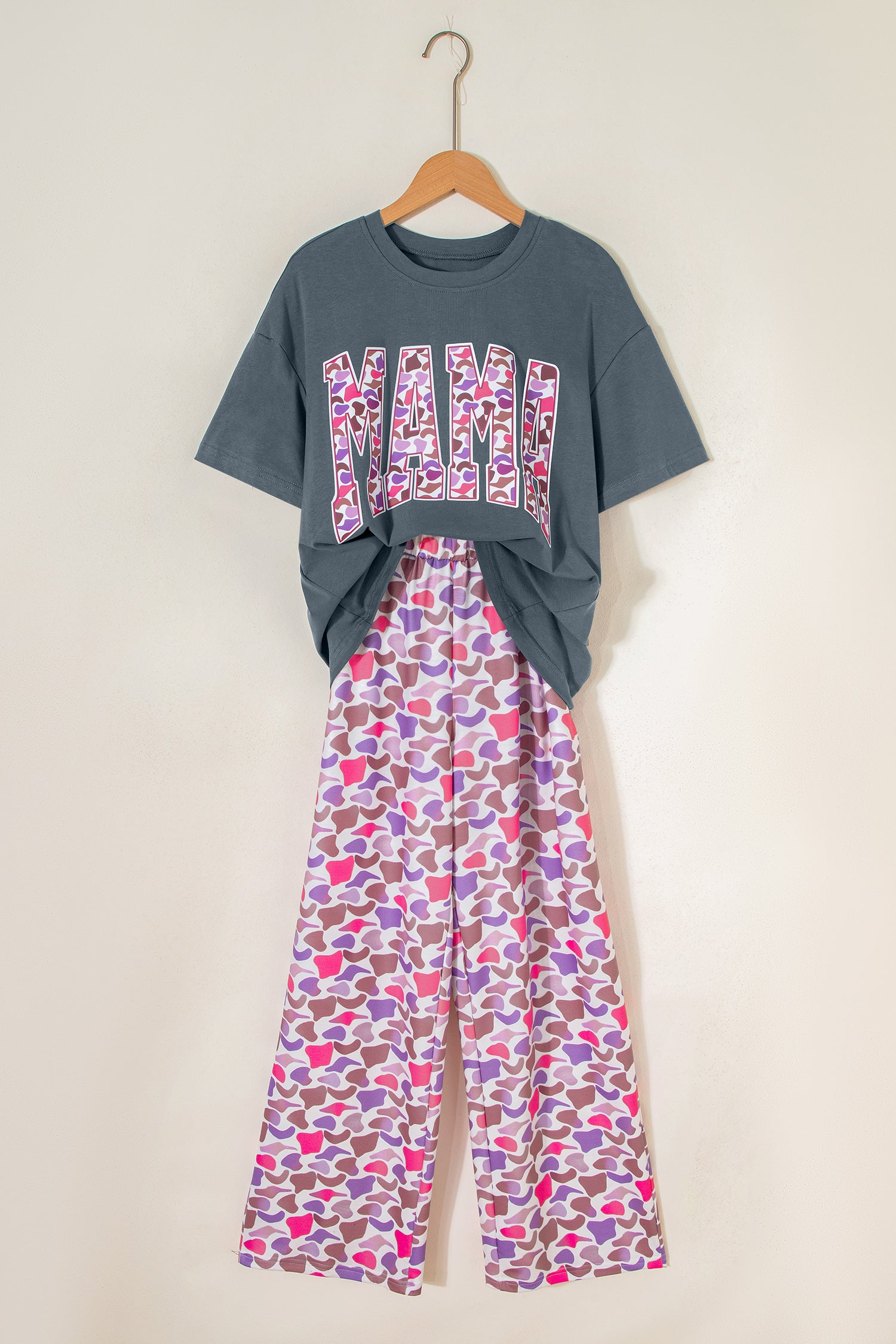 Modern Grace medium grey MAMA letter graphic tee with camouflage print, loose pant set, two-piece casual outfit.